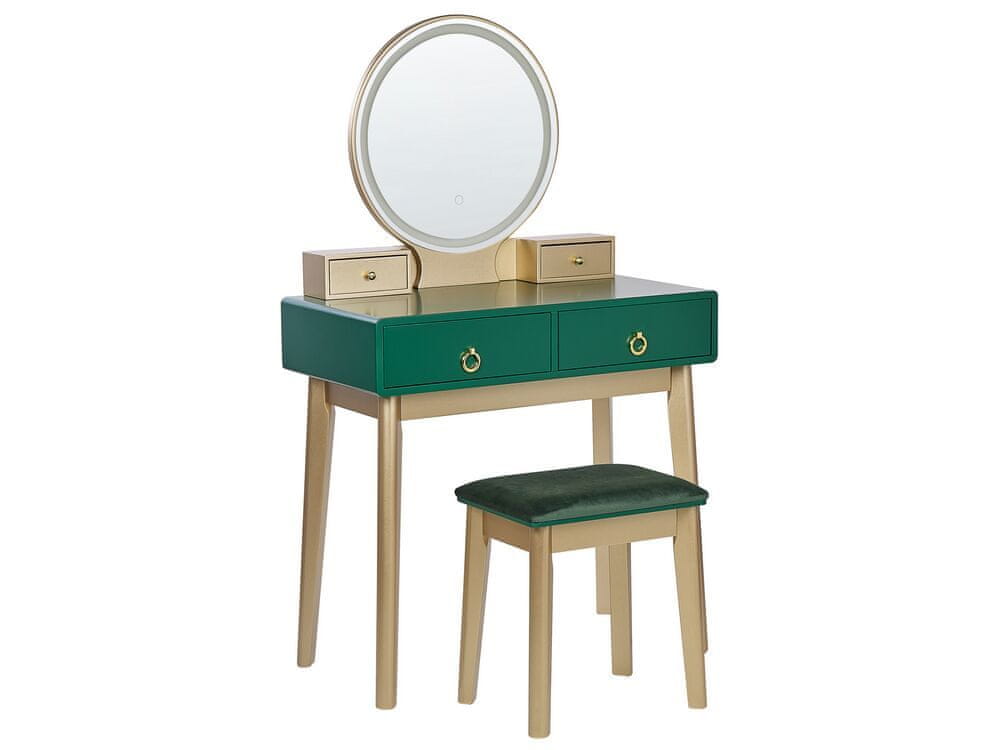 Beliani Toaletný stolík so 4 zásuvkami a LED zrkadlom zelená/zlatá FEDRY