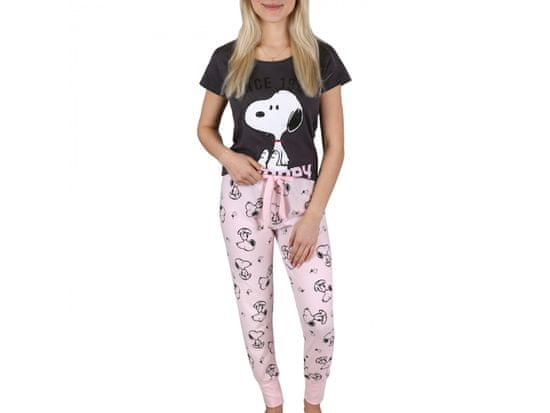 sarcia.eu Snoopy Sivé a ružové dámske pyžamo s krátkym rukávom, bavlna, dlhé nohavice